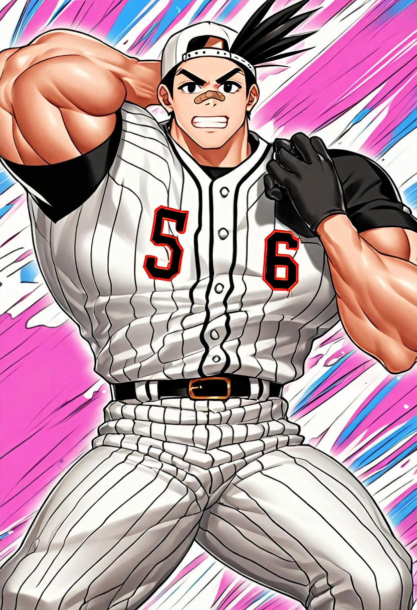  huge muscles,score_9, score_8up, score_7up, score_6up, score_5up, score_4up, break
abstract background, break
solo, young male, boy, sh0m4, black hair, backwards cap, black eyes, bandaid on nose, break
baseball uniform, baseball pants, source_cartoon, rating_safe, break
