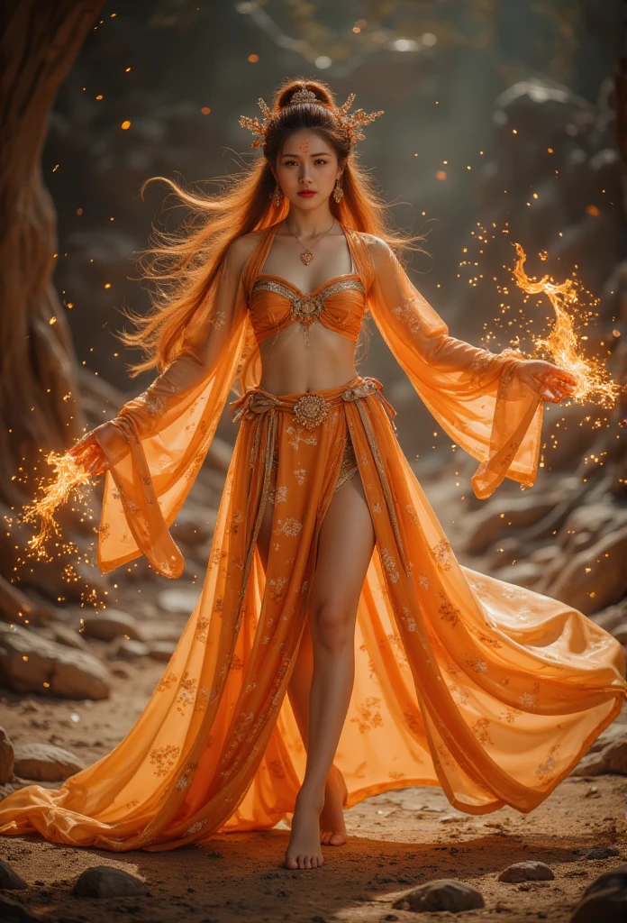 A fire sprite (cute yuna, patches of flame dance on her skin, sheer flaming dress very revealing, light red skin, deep red eyes, flame hair), seductive graceful dance, setting woods aflame