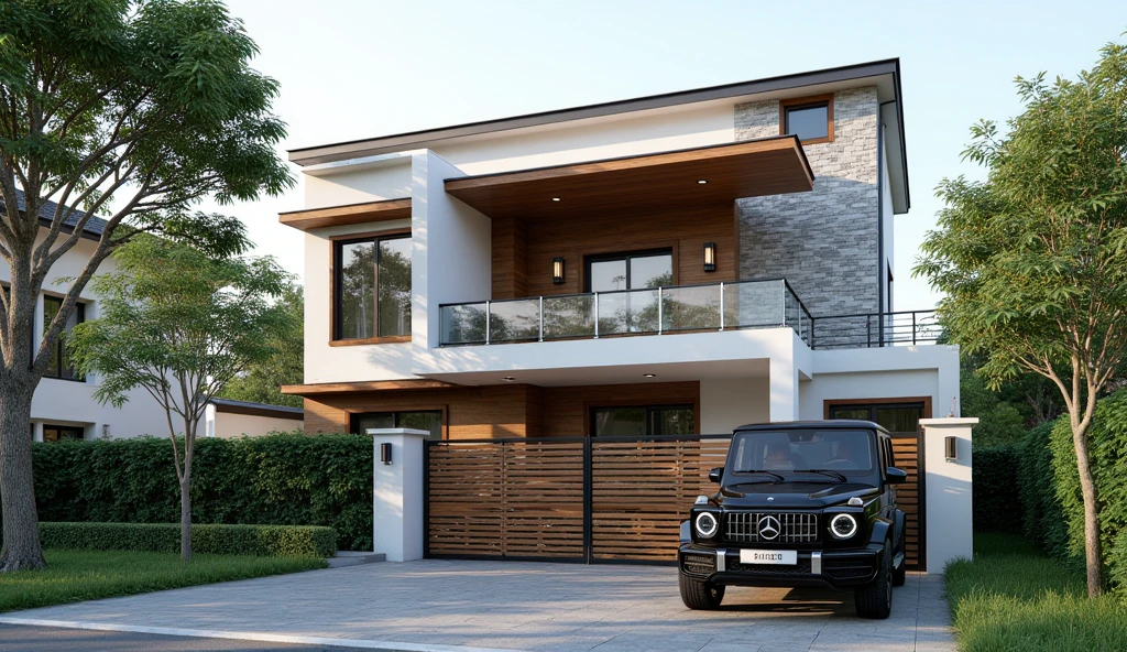 This image depicts a modern two-story house with Asian-inspired design, featuring:



- **Structure and Design:** Rectangular form, low-pitched hip roof, layered effect with a second story set back, and strong horizontal lines for stability.

- **Materials:** White plaster or concrete walls, gray stone cladding, warm wood accents, and dark metal for contrast.

- **Features:** Large windows and glass doors for natural light, a balcony, a patterned metal and wood gate for privacy, and a small landscaped area.

- **Landscaping:** Mature trees for shade and privacy, with low hedges and shrubs enhancing greenery.

- **Vehicle:** A black Mercedes-Benz G-Class SUV suggests luxury and homeowner lifestyle.

- **Overall Impression:** The house conveys modern sophistication and comfort, with clean lines and natural materials promoting an inviting atmosphere amidst tranquil landscaping. Best Quality,Masterpiece, UHD, 4k, Stunning,Eye-catching,Sharp edge render, Award winner design in 2024, Photorealistic, High-Resolution, Detailed, Accurate, Vibrant, Dynamic Lighting, Textured, Perspective, Atmospheric, Contextual, Balanced Composition, Material Realism, Interactive, Immersive, Narrative, Minimalist, Glass, Neutral Tones, Accent Colors, Open Space, Integrated Lighting, Sleek Finishes