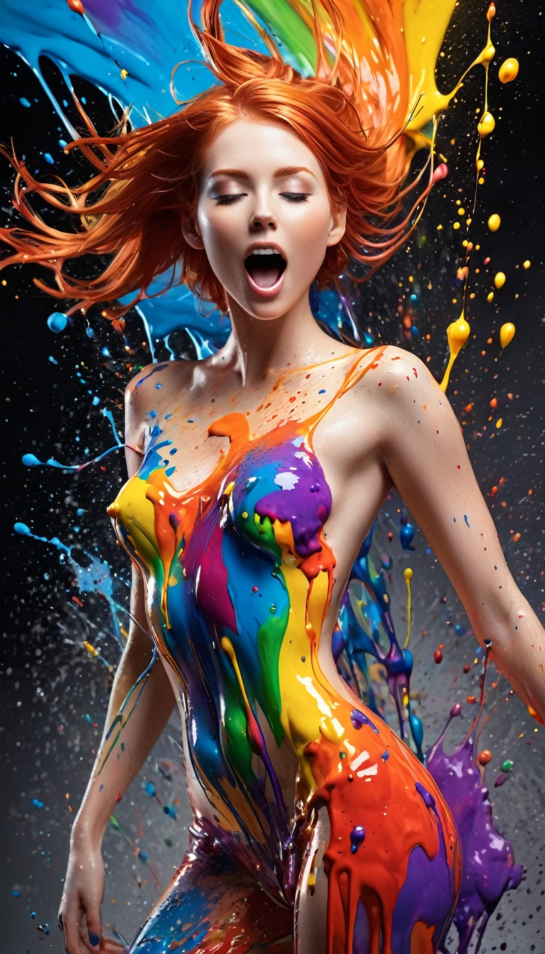 gorgeous woman covered in paint, vibrant colours, rainbow colours, full body, gorgeous face, short rainbow hair, paint splotches