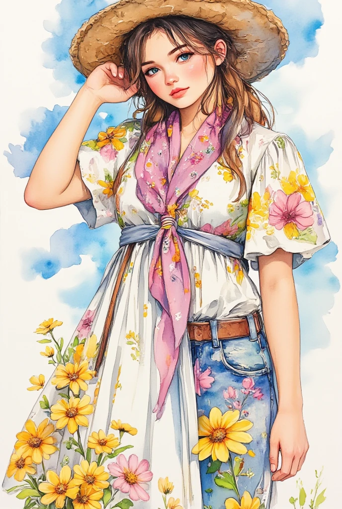 A warm, sun-kissed watercolor painting of a bohemian-style dress with a floral pattern. The dress is worn over a pair of jeans with a patchwork design. The outfit is accessorized with a scarf with a pattern of colorful flowers and a wide-brimmed hat with a ribbon. The background is a light blue sky with white clouds. The image is smooth and fair, illuminated with a warm, sun-kissed glow, enhanced by the dappled light that falls across the flowers, creating a mesmerizing effect. The painting presents an intimate close-up, focusing on the intricate play of light and shadow across the flowers. 