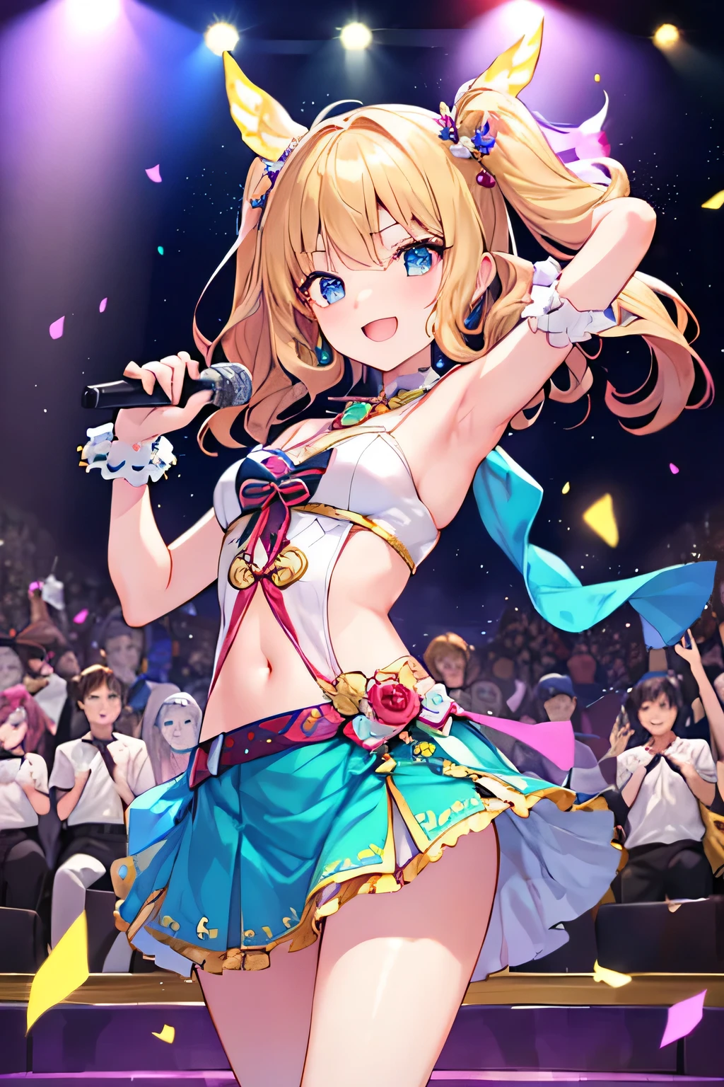 masterpiece, best quality, highly detailed, ultra high res, ayase arisa, 1girl, solo, hazel eyes, hair ornament, short ash blonde hair, (side ponytail), light smile, glossy lips, sleeveless idol dress, very puffy skirt, flared skirt, (see-through skirt), pink thigh highs, white heeled boots, looking back at viewer, crowd, audience