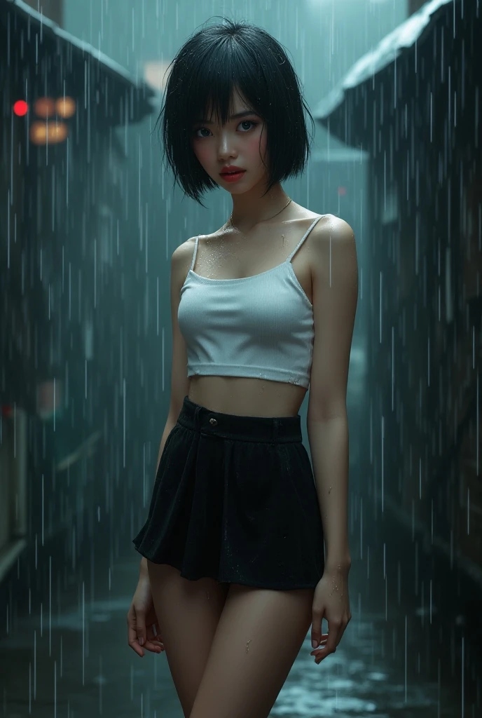 under the rain、Hold a slightly larger umbrella、Woman Walking、shortpants、tshirts、Looking at the camera、back lighting、Studio Lighting