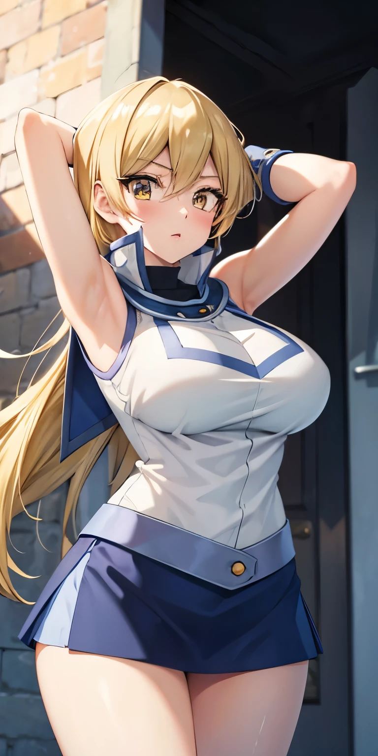 1 Female,High definition,high resolution,Ultra-realistic,8K, ta1,blonde hair,long hair,yellow eyes, white jacket, sleeveless, blue skirt,tight skirt , miniskirt,fingerless gloves, large breasts,European,sexy,Upper body close-up,Photographed from the front,Dynamic Angles,(blush), (medium tits) ,(arms behind head)