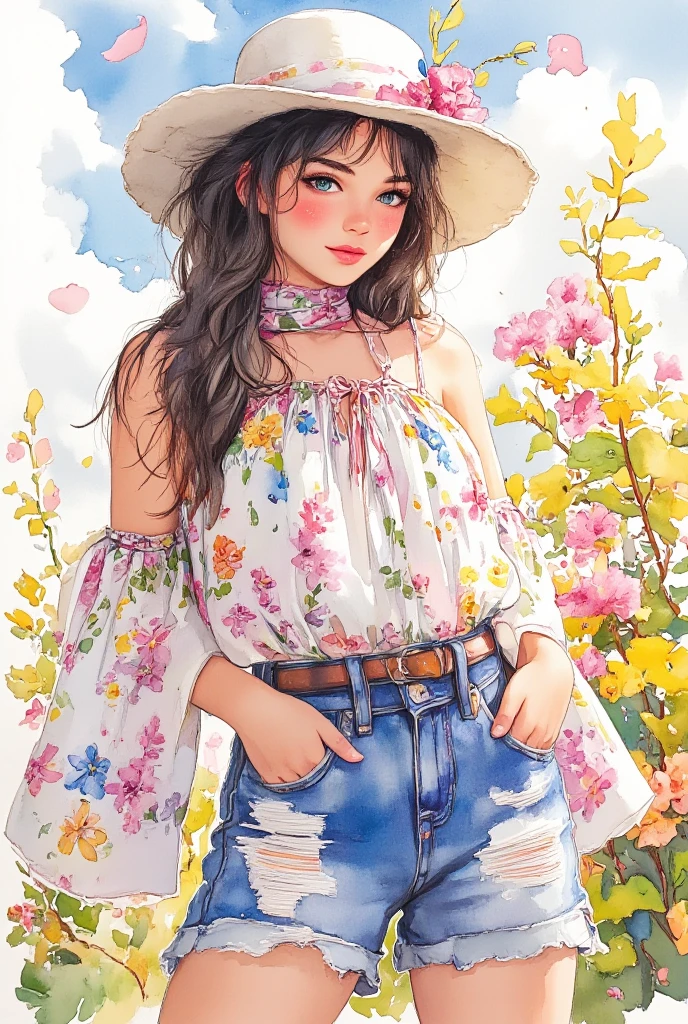 A warm, sun-kissed watercolor painting of a bohemian-style dress with a floral pattern. The dress is worn over a pair of jeans with a patchwork design. The outfit is accessorized with a scarf with a pattern of colorful flowers and a wide-brimmed hat with a ribbon. The background is a light blue sky with white clouds. The image is smooth and fair, illuminated with a warm, sun-kissed glow, enhanced by the dappled light that falls across the flowers, creating a mesmerizing effect. The painting presents an intimate close-up, focusing on the intricate play of light and shadow across the flowers. 