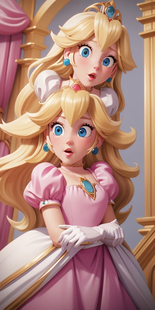  a girl, by blond, Blue eyes,  Chas arqueadas,  pink lips, Gold tiara with multiple gems.,  blue teardrop earrings ,  long-sleeved white dress ,  blue oval pendant with gold trim,  White gloves ,  surprised expression ,with my ass wide open 