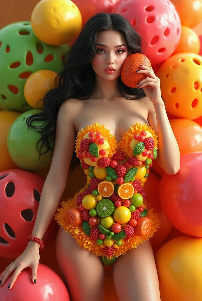 Naked girl kicking fruits