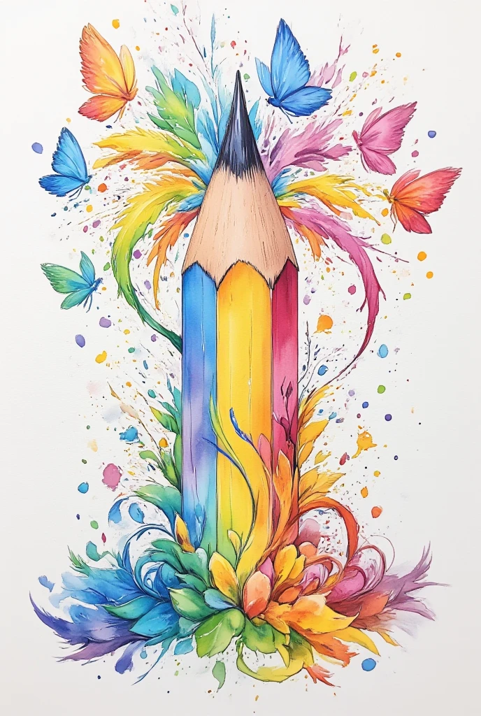 A captivating illustration of a magnificent pencil, intricately designed with a vibrant rainbow of colors. The pencil appears to conduct a symphony of musical notes that radiate outward, intertwining with graceful butterflies that dance around it. The overall composition embodies the essence of creativity and freedom, as if the pencil is inspiring a burst of artistic expression, unleashing a world of limitless possibilities. 