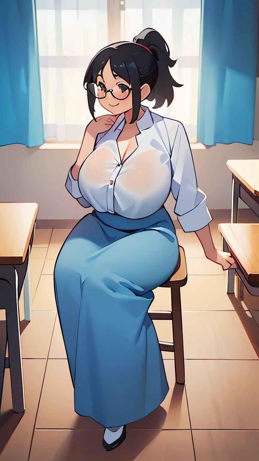 1 woman, , (ponytail, black hair), wearing round glasses, plump body, black eyes, malaysian high-school uniform, (wearing transparent white shirt, showing bra), huge XL breasts, light blue long skirt, sitting on a chair, seductive pose, full body shot, smiling, in the classroom. Cleavage