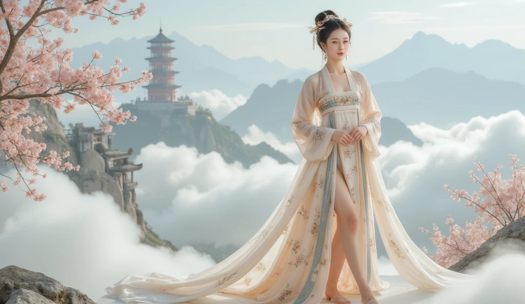 ,whole body，Vision， White clouds and mountains in the distance 、Tower and many people，Pink flowers，Cherry Blossom Tree，Hanfu woman,Phoenix crown、Exquisite embroidery、Wearing Hanfu pantyhose、Hanfu、Wear long-sleeved Hanfu、Transparent and clear、Look and、、Raw,(8K、high quality、masterpiece:1.8)、(复杂的Details:1.8)、(Reality:1.8)、 octagonal rendering 、具有超Details的复杂 3D 渲染, studio soft light, Side Light, vivid Detailss, 超级Details, Real skin texture , Details,  beautiful eyes, Highly Detailsed CG Unity 16k wallpaper, cosmetic, (  Detailed Background  :2.0),  clear fingers ， Beautiful Fingers ，Radiant Skin、 spread legs ，Show your thighs!!!、