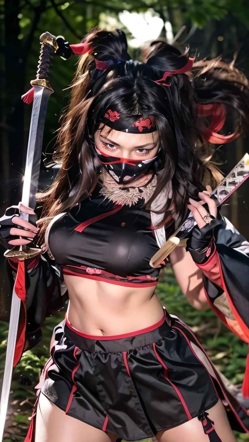 (Was:1.3、(( female ninja prepared for battle with weapons in the woods:1.5)、 With background)、(Female ninja and sword :1.5)、 camel toe )、(Realistic、 as in the picture 、live-action、8k, Realistic,  RAW photos from the last century,   best image quality: 1.4),  single lens reflex camera、 RAW photos from the last century, Best Quality, Realistic,  High Definition CG Unity 8k Wallpaper,  The Depth of Written Boundaries, Cinematic Light,  lens flare ,  ray tracing, Realistic background、(Kunoichi:1.4、Black kimono with white floral pattern::1.6、 skirt flip、  black panties)、Grey Hair、 short hair、 Short Ponytail、(( super high density skin ))、 1 person, cute one、(whole body:1.5)、 I like that style 、  pay attention to the details  、Perfect outfit、( white skin)、Accurate Arm、Accurate feet、 beautiful legs with tails、Accurate thighs、  anatomically correct body  、( view from below)