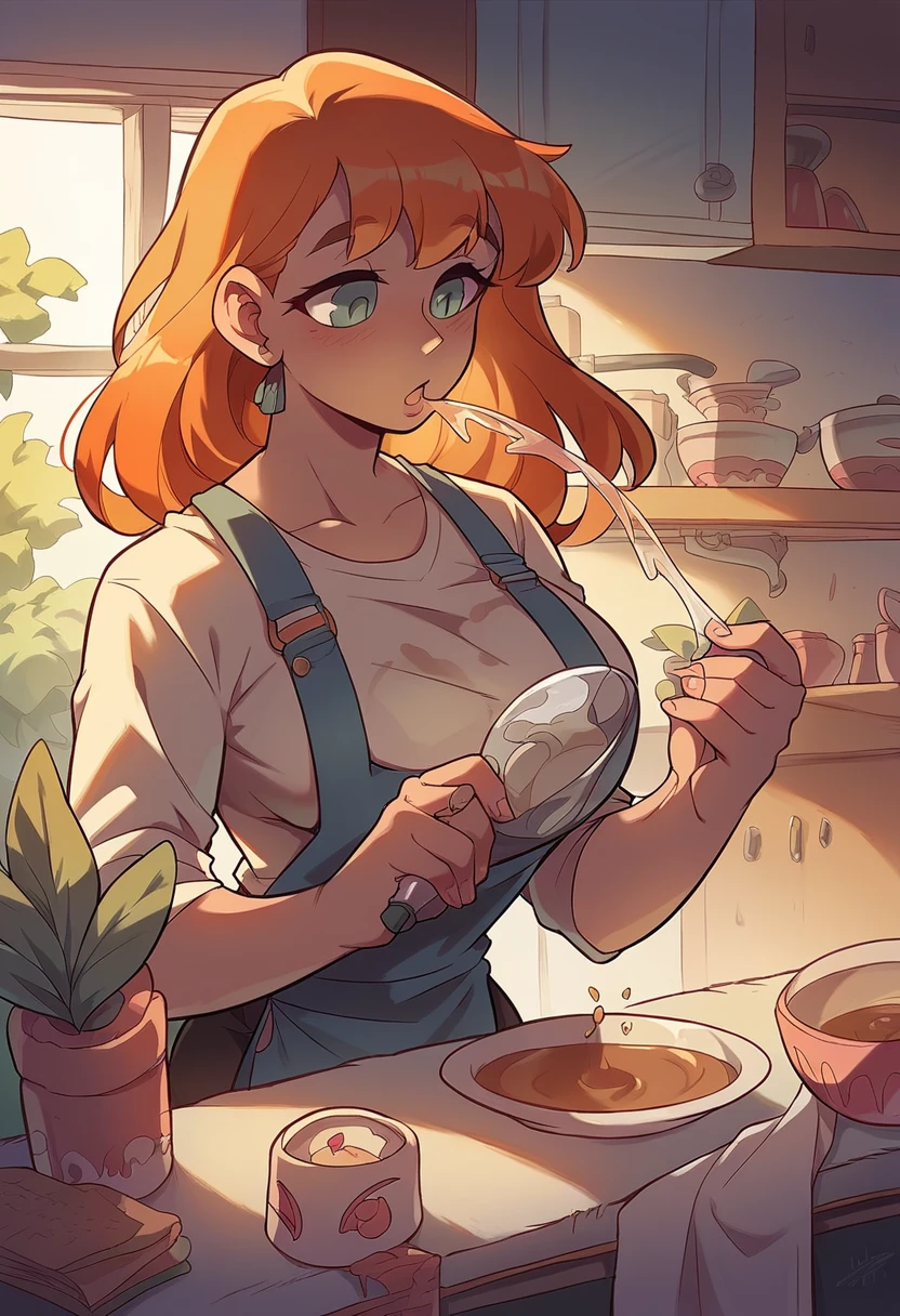 A beautiful young woman with long orange hair , voluptuous figure,  wearing a revealing outfit pouring coffee in a kitchen,  funny and light 90's anime style ,  vivid colors ,  highly detailed , masterpiece