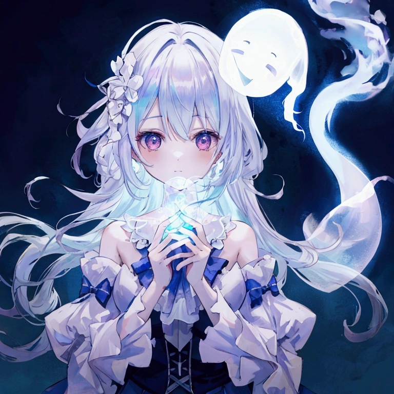 Highest quality、Photorealsitic、The ultra-detailliert、delicate、orderly、High Details、bluish-silver ponytail、(Drooping heterochromia iris:1.4)、Gamine、aers old、embarrassed from、a smile、A slender、fullllbody、blured background、(1 girl in:1.2)、GameCG、dynamic ungle、(Bioluminescent hair、radiant eyes:1.2)、ambient occlusion、ambient lights、ray trace reflection、Glow、glowing aura、Radiant hair、Halloween, jack-o-lanterns,Night,Large quantities of jack-o'-lanterns, fullmoon、(Mummy girl with white bandages from head to foot,Nakndage:1.5)、