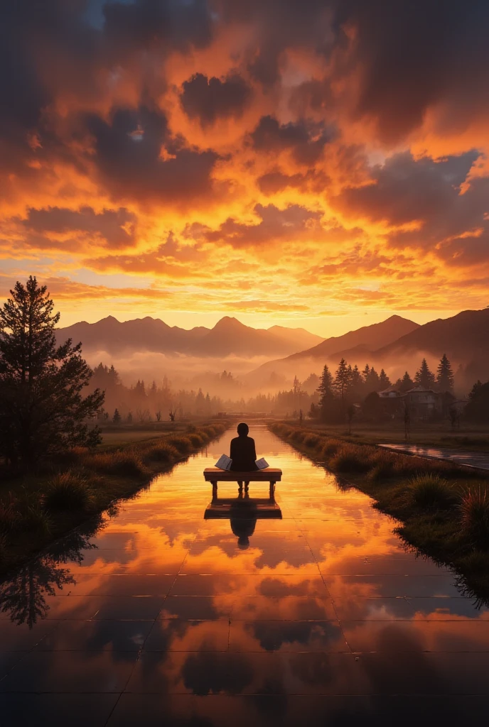 A captivating photo capturing the serenity of a sunset or sunrise, with a silhouette of a person sitting on a bench, deeply immersed in a book. The sky is a mesmerizing canvas of vibrant hues, including orange, red, and gold, against a backdrop of dramatic cloud formations. In the distance, misty mountains and trees create a picturesque landscape, framing a small village or town nestled among them. The wet pathway in the foreground elegantly reflects the colors of the sky and the silhouette of the person, adding a cinematic touch to this breathtaking scene., photo, cinematic, vibrant 