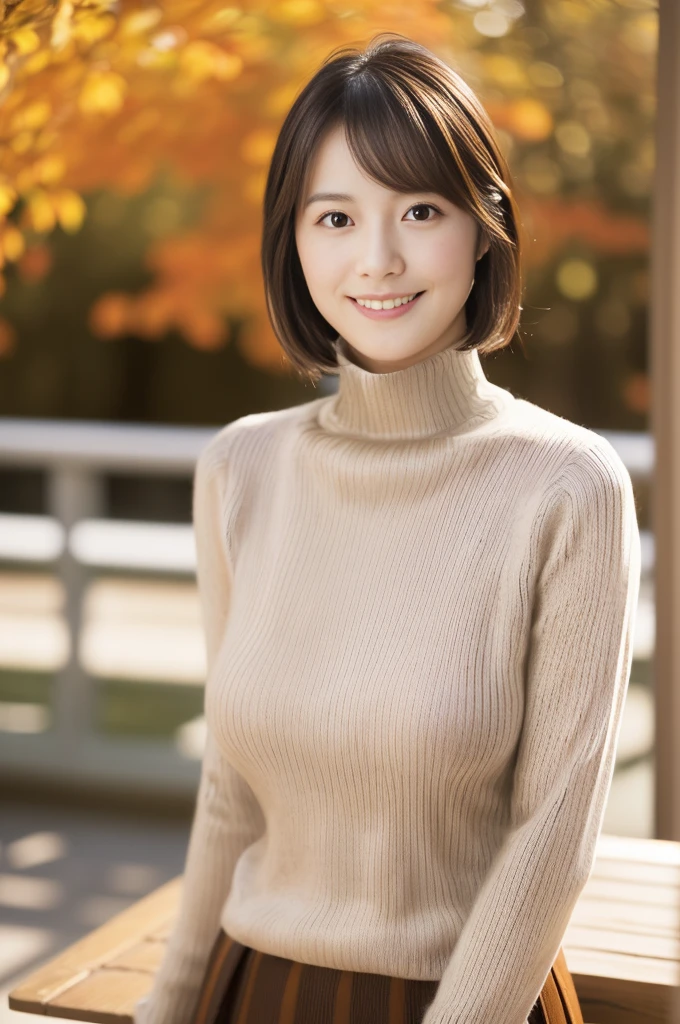 (8k, RAW photo, photorealistic, HQ, masterpiece), a cute Japanese woman, (glowing eyes), 
(shy Smile), brown hair, very short bob, (Autumn Stylish clothes), (turtleneck wool sweater:1.4), (skirt:1.4), large breasts, (Autumn cafe terrace in the forest), 
blurred background, depth of field, natural lighting, backlighting, face lightning, 