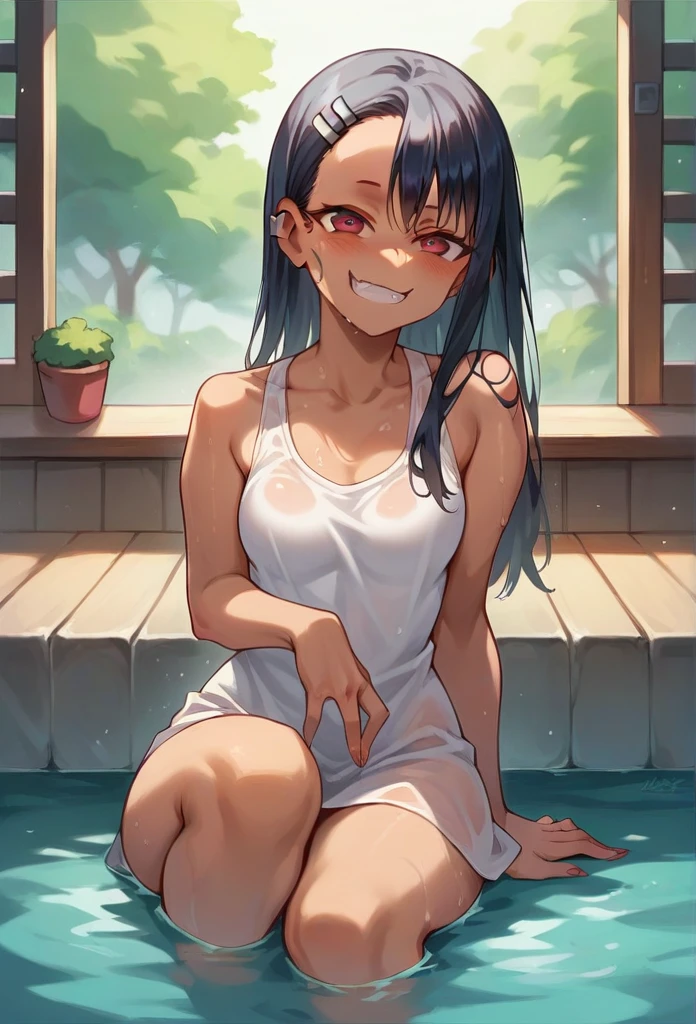furry cat girl,dark blue long hair,white fur,pubic fur,neck fur,small breasts,small towel,very hot,water dripping on arms,water logged on breasts,water dripping on stomach,outdoor,onsen,bath,high angle,sitting,legs in water,high angle,selfie,sparking detailed water,a lot of flower in water