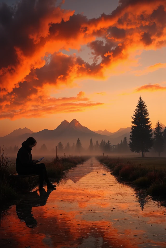 A captivating photo capturing the serenity of a sunset or sunrise, with a silhouette of a person sitting on a bench, deeply immersed in a book. The sky is a mesmerizing canvas of vibrant hues, including orange, red, and gold, against a backdrop of dramatic cloud formations. In the distance, misty mountains and trees create a picturesque landscape, framing a small village or town nestled among them. The wet pathway in the foreground elegantly reflects the colors of the sky and the silhouette of the person, adding a cinematic touch to this breathtaking scene., photo, cinematic, vibrant 