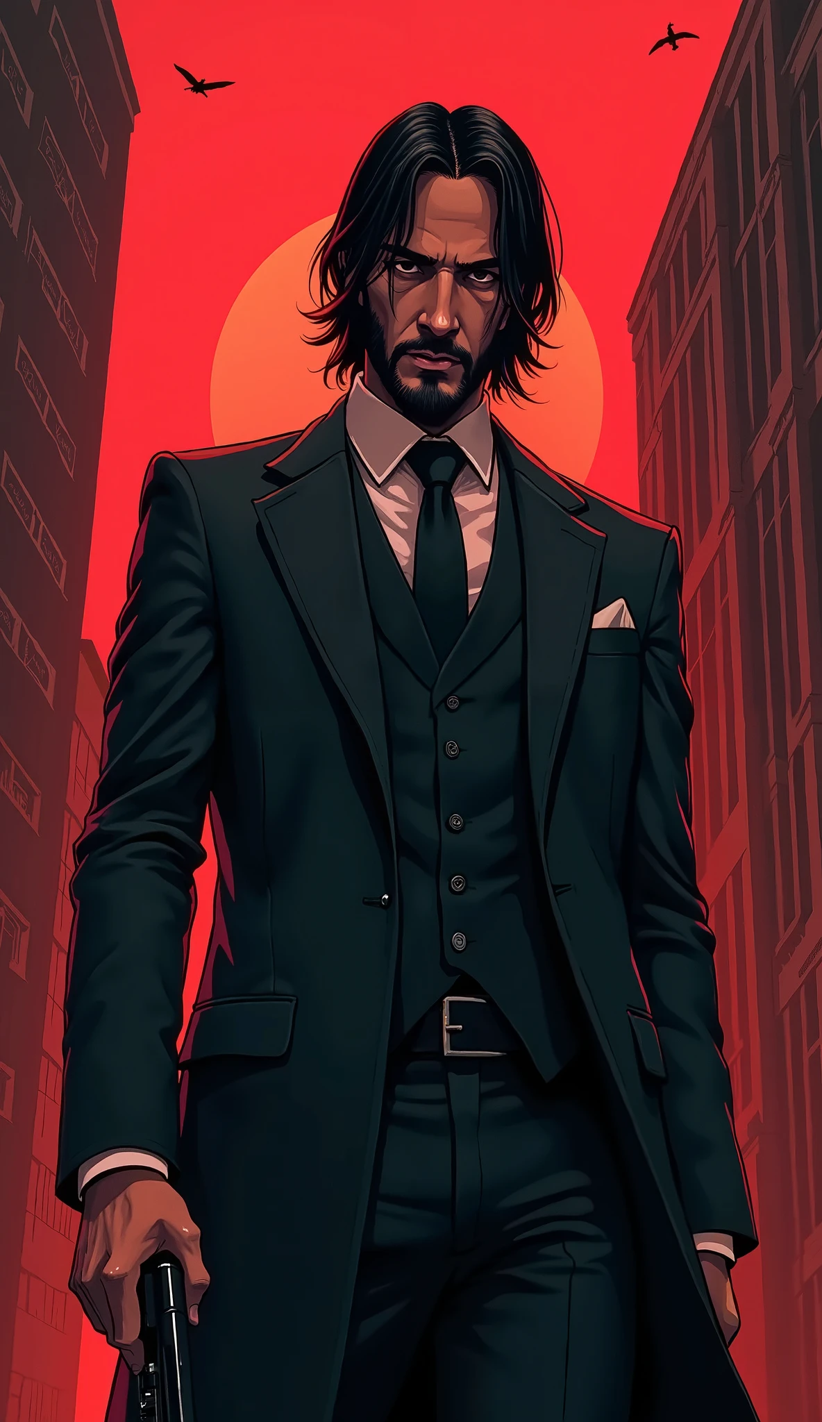 A city with a beautiful sunset with a man with a goatee and dark glasses and a black coat and black hat and a skull mask in his pocket with an improved sniper rifle and aiming 