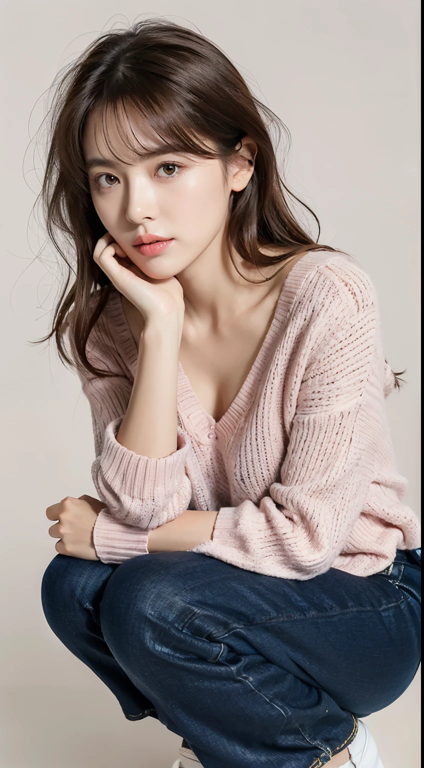 a close up of a woman wearing a pink sweater and a beige skirt, ana de armas portrait, portrait of ana de armas, ana de armas, natalia dyer, imogen poots, imogen poots paladin, ana de armas as joan of arc, imogen poots d&d paladin, rosy cheeks