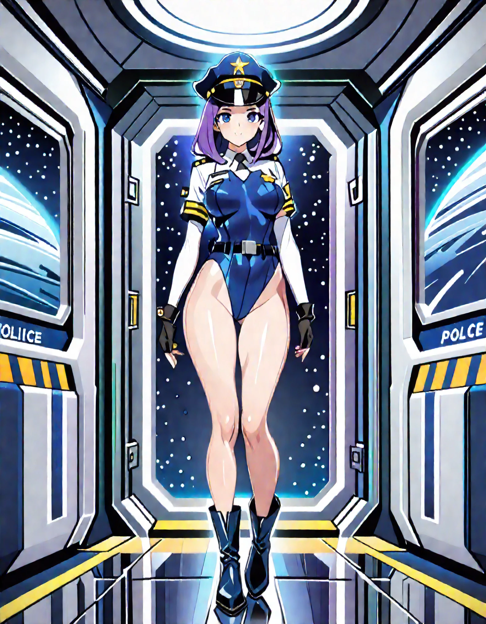 (masterpiece), (best quality), (high res),1girl, tall body, purple hair, long hair, green eyes, beautiful detailed eyes, beautiful detailed face, cute face, perfect hands, complete fingers, perfect anatomy, perfect proportions, ((hat, dark blue police hat)), ((leotard, matching leotard, bare legs)), ((boots, matching boots)), breasts, medium breasts, fingerless gloves, (full body portrait), looking at viewer, solo, solo focus, standing, police uniform, cowboy shot, space station backdrop, indoors, (belt, tight belt), (armbands, white sleeves), full body costume design.