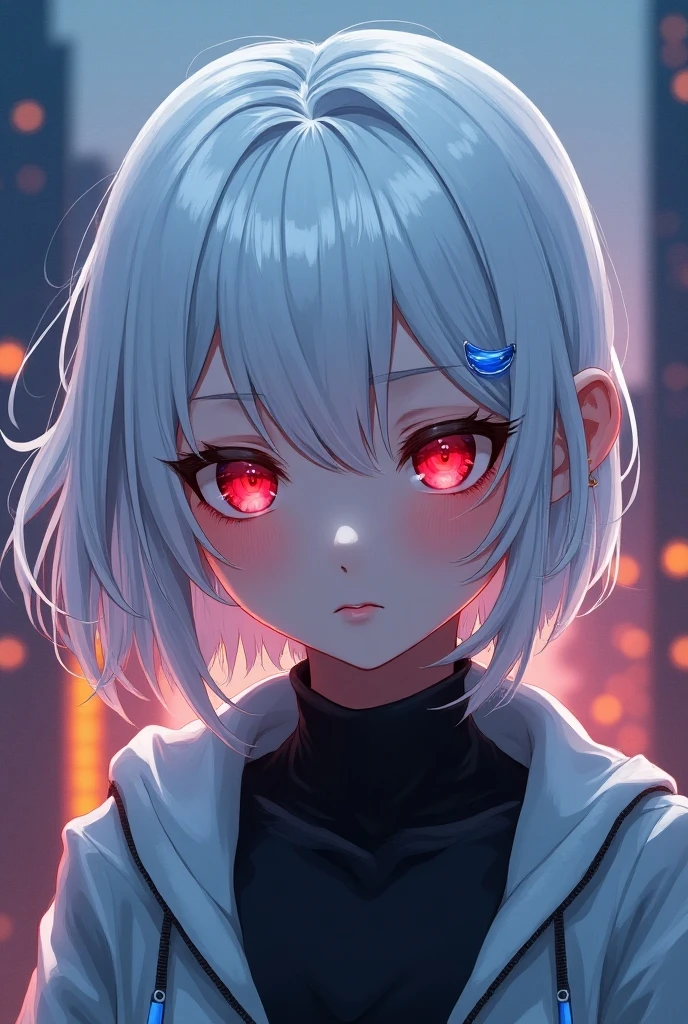masterpiece, best quality, ultra-detailed, illustration,(1girl),beautiful detailed eyes, looking at viewer, close up, (breast focus), white short hair, shy, cat ears, ((glowing blue necklace)), moon in background, (blue and red eyes), thick lips, ((heterochromia)), small breasts, (turtleneck sweater)