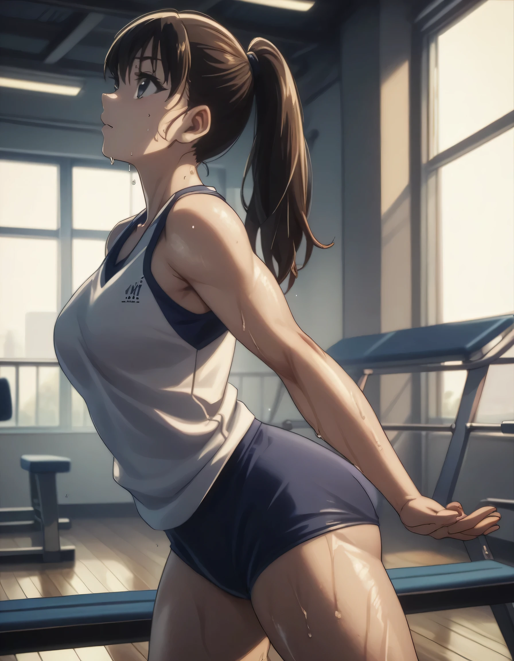 score_9, score_8_up, score_7_up, gsfghtr, gymnastics uniform, 1girl, sweaty, drinking pocari sweat, Gymnasium, very bright lighting