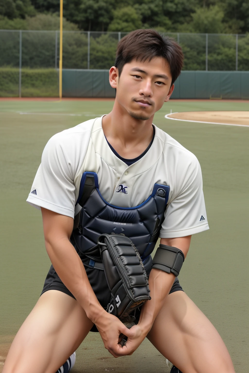 ((最 high quality))、((masterpiece))、( Details)、 real、photograph、(( high quality))、4K、HDR、、Typical Japanese male baseball catcher、 high school students、average length、A strong athletic physique 、上半身nakedで薄い色のボクサーブリーフを着用、 round face and strong jaw line 、Short black hair、 dark brown eyes showing determination 。Wear catcher's leg guards and shin guards、 x} Full body shot skin of a Japanese man crouching in the position of a catcher at a baseball field 、Hold the black catcher mitt fitted to your right hand in front of you and wear the 、 concentrating and trying to receive pitches。like々Beautiful appearance、（（nude））、naked、 confident and friendly expression 、Moderately tanned skin 、 full body shot of a Japanese man 、 deep chisel line 、Round eyes、(1 .2)、Broad shoulders、An expression that raised the corner of the mouth、 boyish handsome face 、like々 but manly expression 、Masculine posture、Strong posture、Under the clear blue sky、(Extend your arms, hold a thick catcher mitt with deep pockets in front, and concentrate on the ball:1.5)。 holding a mitt and trying to catch it、I'm holding a mitt in a catching position 、