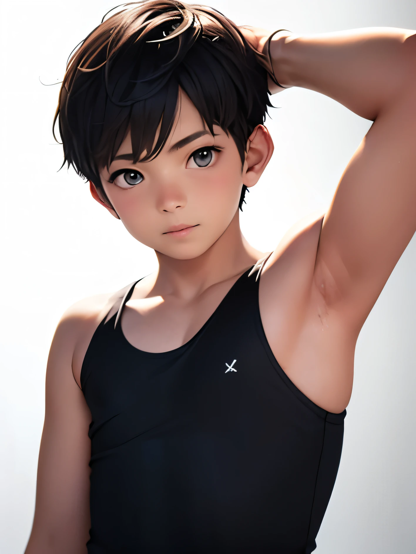 Highres, Masterpiece, Best quality at best,Best Quality,hight quality, hight detailed, Anime style, age 12, 1boy, Boy, Shota, Solo person, Young boy, upper body, slim body, messy hair, Tank top, bare shoulder, grey background, (Showing armpit:1.3), Give me a picture of the armpit of a young boy, the armpit looks clean and smells good, the armpit is very beautiful, the boy is teasing using his armpit, shine closer to the armpit, Cute armpit, Sexy armpit, seductive armpits, Such a cute smooth armpit, The armpits of a  boy, Adorable little armpits, Give me a proportional picture of a  boy's armpits, (very young boy), (Very small and short body), uhd, bokeh