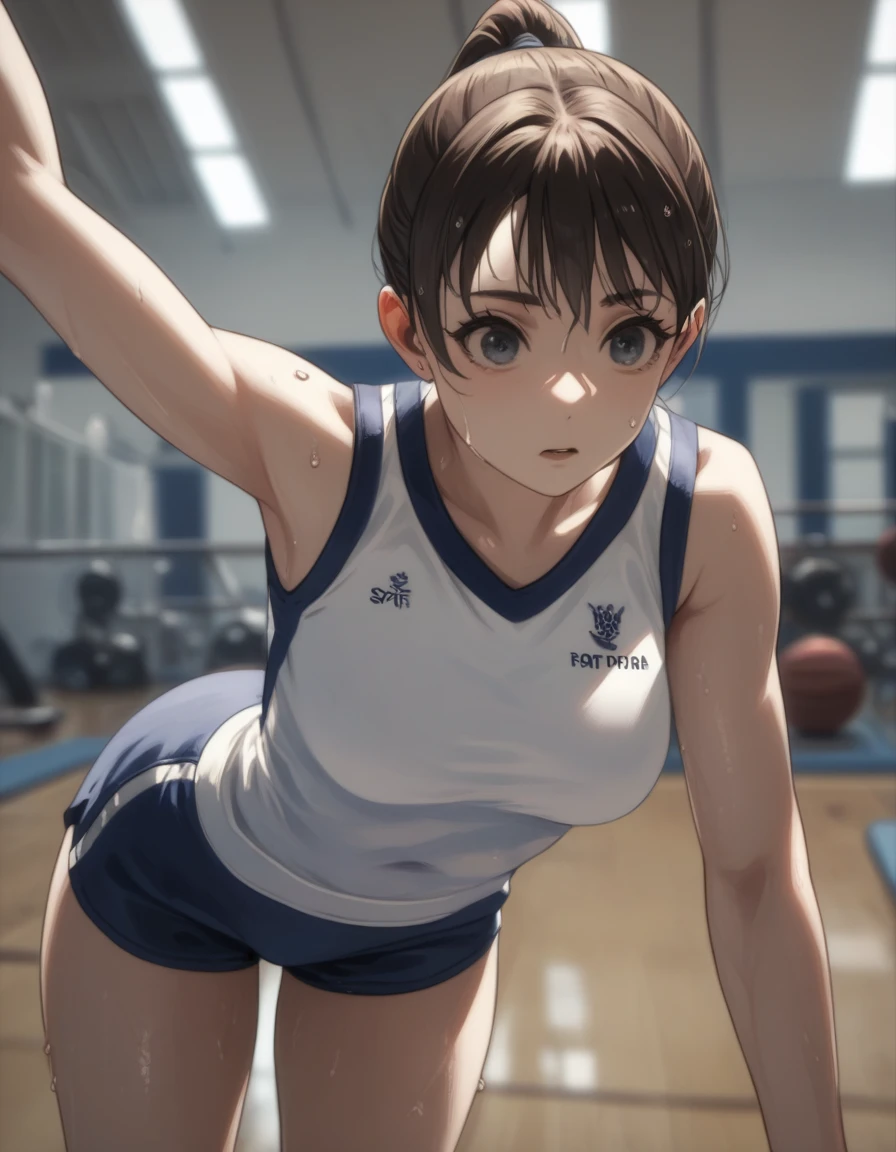 score_9, score_8_up, score_7_up, gsfghtr, gymnastics uniform, 1girl, sweaty, drinking pocari sweat, Gymnasium, very bright lighting, white lighting