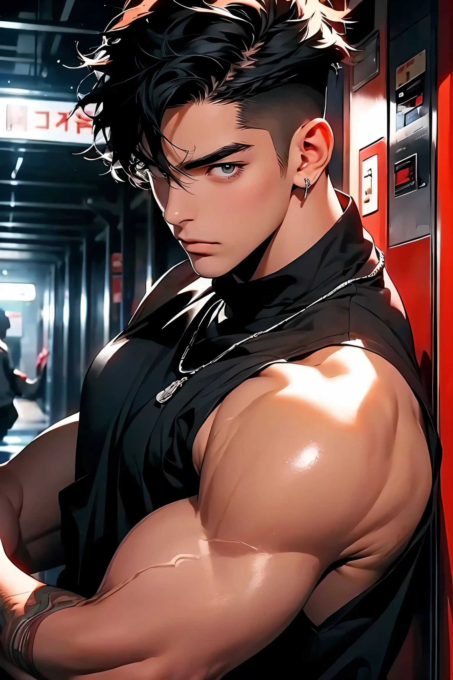 A man with black hair and brown eyes has muscles and trains in a club 