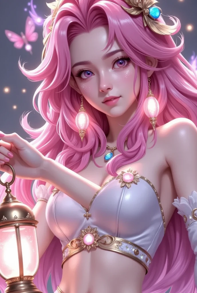  Anime Game Character Design。Delicate skin。Skin details。A woman with pink hair holding a lantern, Thigh socks， fantasy art style , Artistic Germ detailed, style of Artistic Germ, Artistic Germ. Anime illustrations, style Artistic Germ, Artistic Germ lau, Anime fantasy illustration, ! dream Artistic Germ, ig model | Artistic Germ, Artistic Germ. high detail