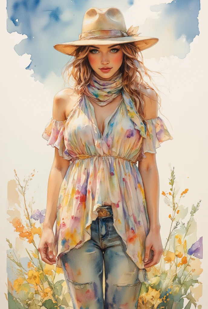 A warm, sun-kissed watercolor painting of a bohemian-style dress with a floral pattern. The dress is worn over a pair of jeans with a patchwork design. The outfit is accessorized with a scarf with a pattern of colorful flowers and a wide-brimmed hat with a ribbon. The background is a light blue sky with white clouds. The image is smooth and fair, illuminated with a warm, sun-kissed glow, enhanced by the dappled light that falls across the flowers, creating a mesmerizing effect. The painting presents an intimate close-up, focusing on the intricate play of light and shadow across the flowers. 