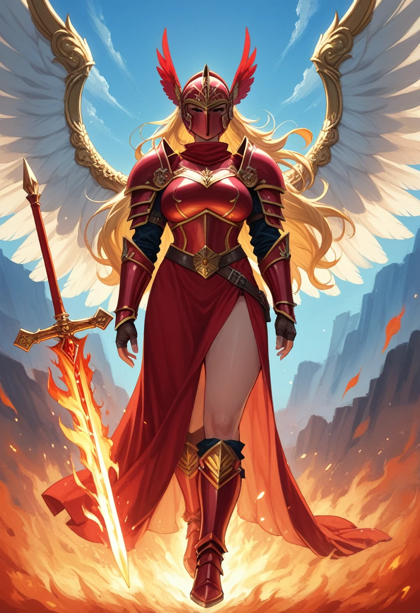  The best quality,  lonely mature woman , many curves, seductive,  scar on the right eye, corona de flores, Warrior girl wearing crimson helmet , closed helmet, helmet covering your mouth, winged helmet, winged helmet, Spartan helmet, winged helmet a los costados, Gold jewelry, goddess, big white wings ,  Long Gold Hair,  long hair ,  hair is blond and long in size, reaching only the base of the neck, it is quite messy and has a somewhat pointed appearance,  despite the fact that she is mostly combed backwards , some fringes hang on his forehead , red eyes,  in her left hand she holds a burning spear ,  wears full crimson armor , wearing full armor ,  a human warrior Valkyria ,  raising her sword in the middle of her face , eyes on fire, Eyes covered in fire, shining eyes, Flaming sword ,  girl turning her back, Cover face ,  girl turning her back,  anime girl not looking at the camera,  girl looking forward , don't show your face ,  girl turning her back,  cover face ,  full body wool sweater,  flying in the sky .
