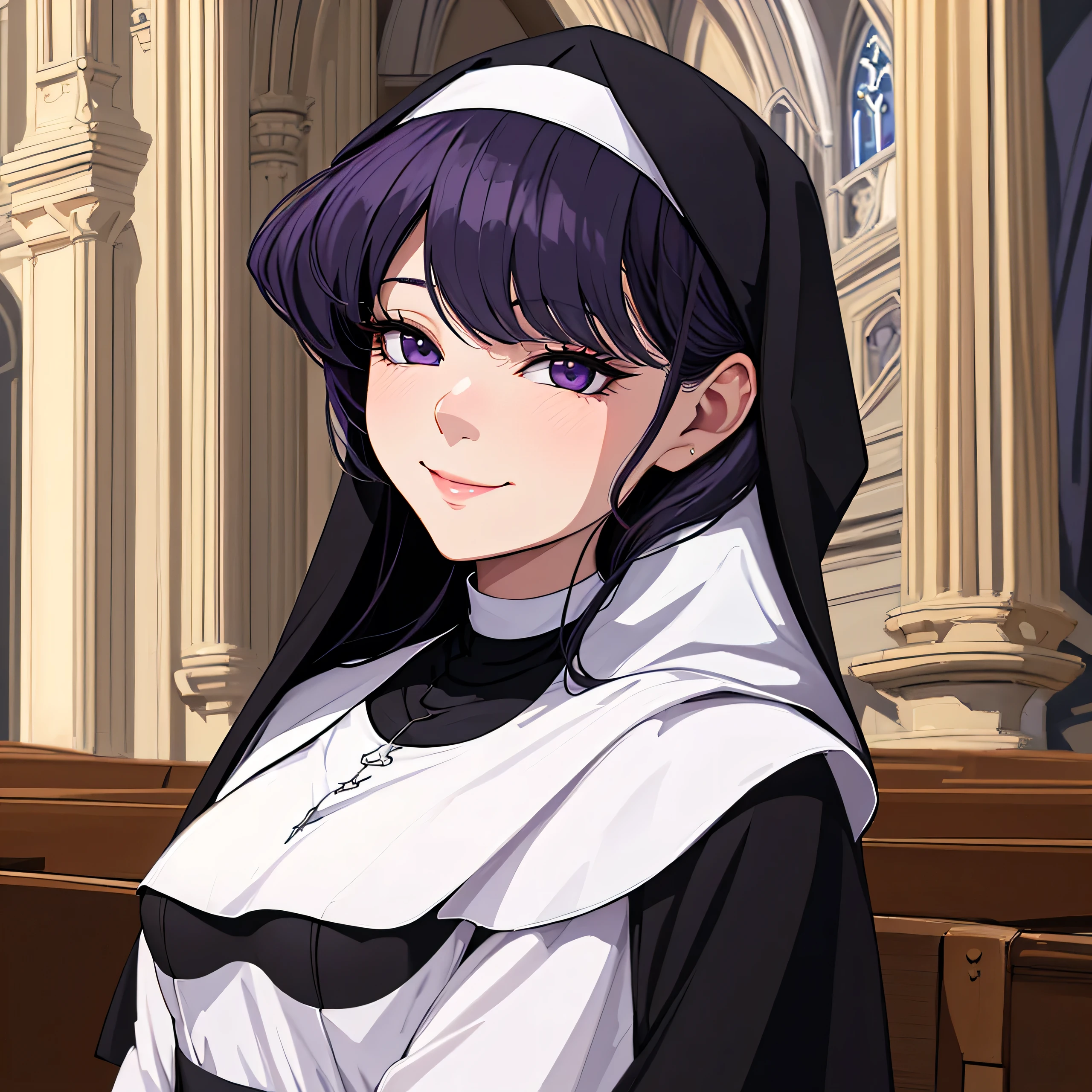 1girl, komi shouko, purple hair, purple eyes, large breasts, wide hips, nun outfit, coy smile, milf, church background, textured skin, UHD, UHD, UHD, UHD, award winning, high details, incredible high-key lighting and shadows, masterpiece, incredible illustration