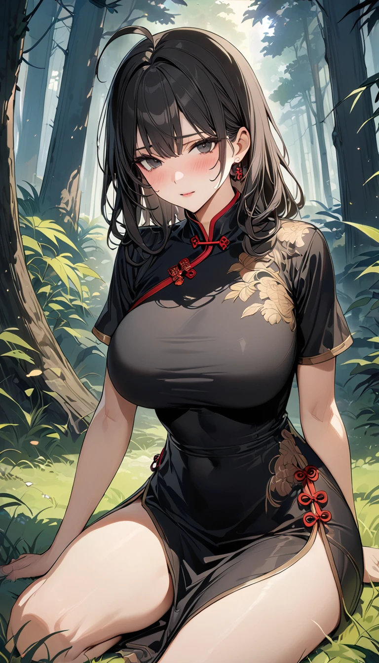 (masterpiece, top quality, best quality, official art, beautiful and aesthetic:1.2),(8k, best quality, masterpiece:1.2), (((masterpiece))),(((best quality))),(((extremely detailed))),illustration,who, (masterpiece, top quality, best quality, official art, beautiful and aesthetic:1.2),(8k, best quality, masterpiece:1.2), mature girl, milf, 1girl, ahoge, commentary_request, cowboy_shot, highres, outdoors, large_breasts, black_eye_color, black_hair_color, hair_down, solo, kneeling, flustered, shy face, cheongsam, Chinese costume, grass, black dress, on her knees, submissive, lost in a forest, beautiful, alluring, dagger, red potion, thin piece of clothing, barefeet,