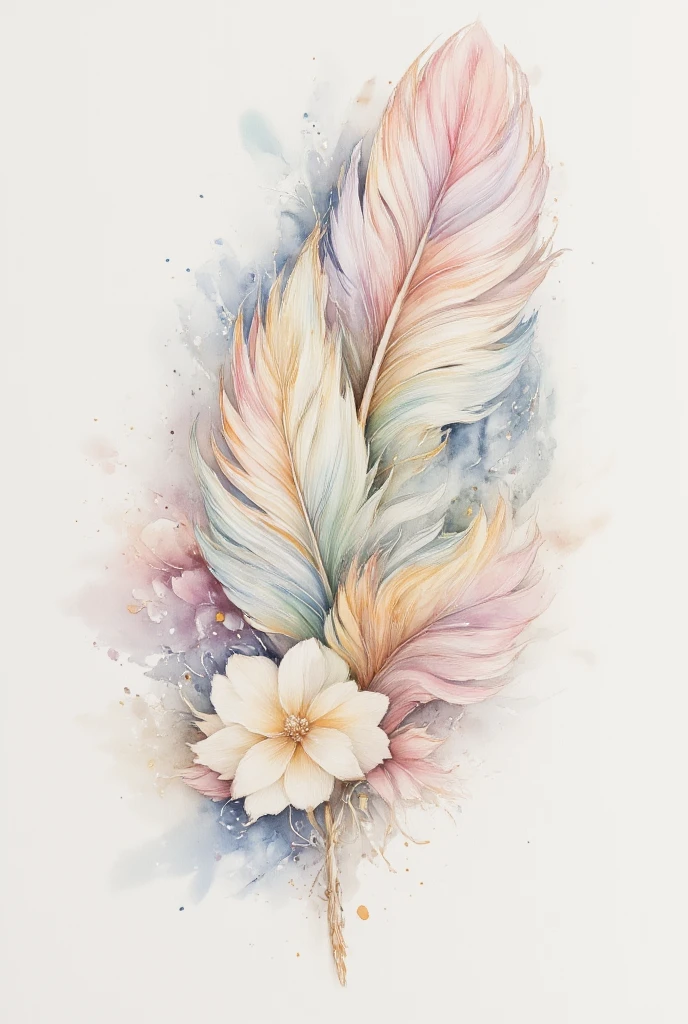 A delicate, intricate design of feathers adorned with soft floral patterns in soothing pastel colors. The feathers are a beautiful blend of colors, fluorescent, and gold and silver, with delicate lines and subtle shading that create a sense of depth and dimension. The floral patterns are intricately woven into the feathers, creating a harmonious blend of nature and elegance. The overall effect is a peaceful, calming image that evokes a sense of whimsy and gracefulness. 