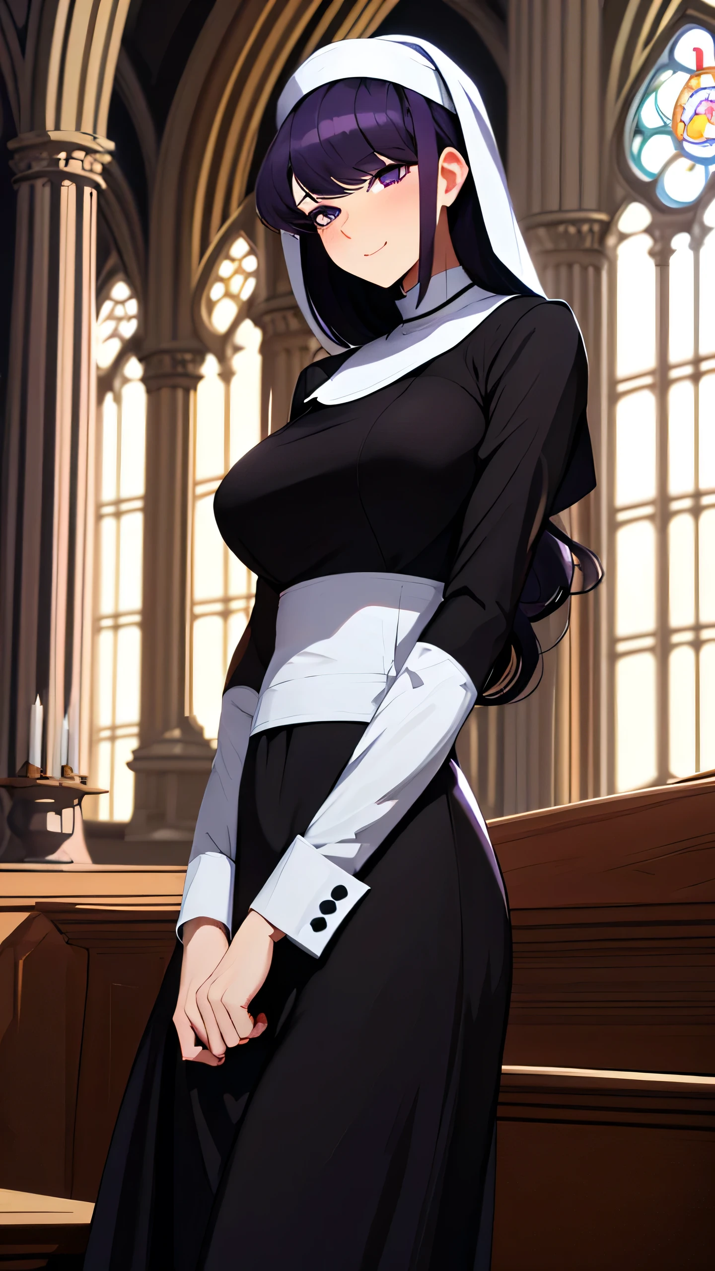 1girl, komi shouko, purple hair, purple eyes, large breasts, wide hips, nun outfit, coy smile, milf, church background, textured skin, UHD, UHD, UHD, UHD, award winning, high details, incredible high-key lighting and shadows, masterpiece, incredible illustration