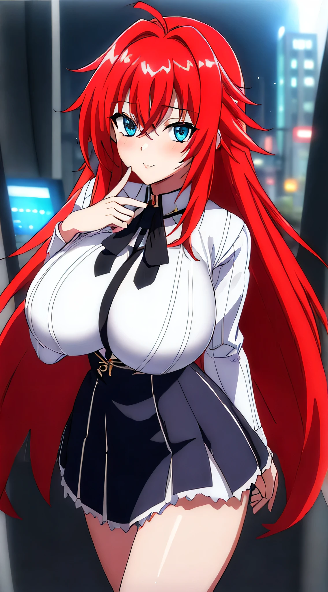 (Evening:1.7), Japan, cyberpunk, View of the city, Before the window,
 Standing in a firm position ,
black cape,black tie, white shirt ,_sleeves,pleated skirt, sailor_neck,
red_hair,very_long_hair,blue_eyes,blows,
 a girl, 20 years,young female,beautiful Finger,beautiful long legs,beautiful body,beautiful Nose,beautiful character design,  perfect eyes, perfect face,expressive eyes,
 looking at the spectator,  in the center of the image ,(superior_body),(Focus on her face),
 official art , dark background full of high-end computer equipment , lightning perfecta,showy, bright_forehead_rostro_lightning,piel bright, 
( masterpiece :1.0),(better_quality:1.0), ultra high resolution,4k,ultra-detailed,
 photograph, 8K, HDR-10, highres,  absurdres:1.2,  Kodak Portra 400 , Film grain,  blurry background , bokeh:1.2, lens flare, (vibrant_color:1.2)
(beautiful,big_breasts:1.4), (beautiful_rostro:1.5),(narrow_waist),