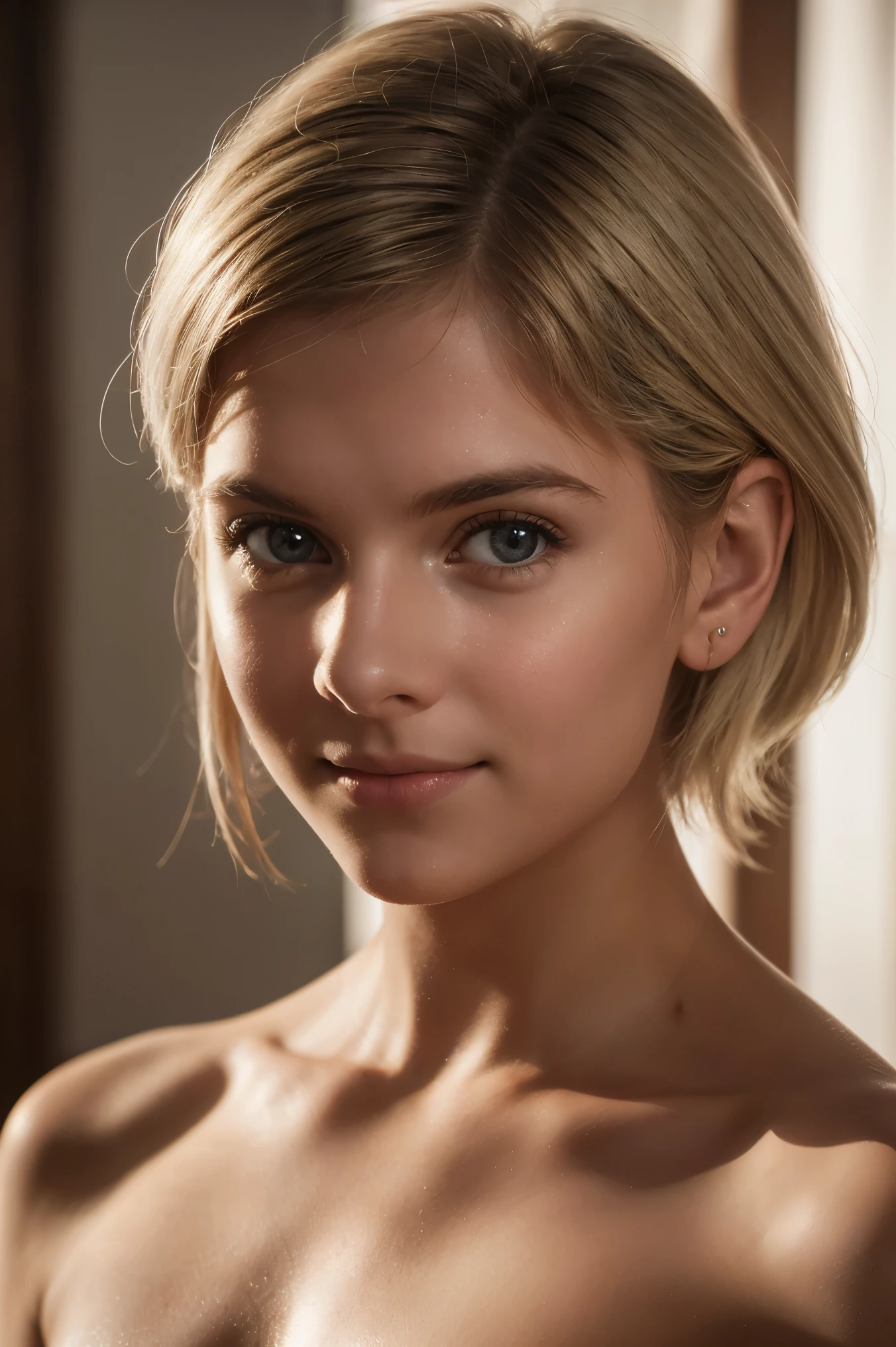 1girl, Agnes Aurora Aksnes, sly grin. (((facing the camera, looking at the camera, looking at the viewer))). Masterpiece, photorealistic, raw photography, soft lighting, top quality, best quality, upper body, toned. Indoors, even illumination, realistic, realistic skin.