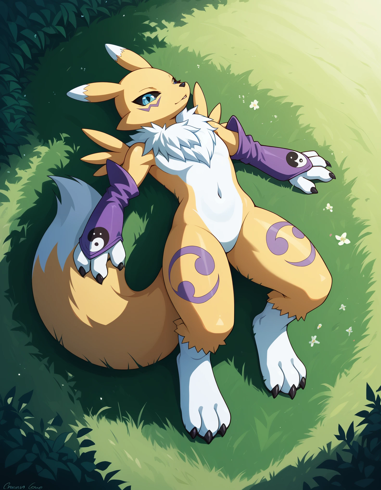 score_9, score_8_up, score_7_up, source_anime, rating_safe, creamgag, BREAK 1girl, solo, renamon, digimon, furry, yellow and white fur, lying on back, outdoor, grassfield, bush, sunlight 