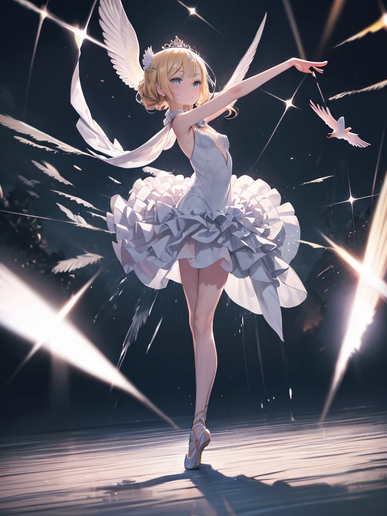 quality\(masterpiece, best quality,8k,wallpaper of extremely detailed CG unit,hight resolution,top-quality,top-quality real texture skin,hyper realisitic,increase the resolution,RAW photos,best qualtiy,highly detailed,the wallpaper\), BREAK ,solo,1girl\(ballet dancer\(princess odette\), very beautiful,teen, white skin,smooth skin, shiny blonde hair, big eyes, well-defined face, sweat, long eyelashes, tutu dress\(beautiful,shiny, (Transparent:0.5), ballet shoes, slender, dancing\(Swan Lake\), (dynamic pose:1.6),full body,in the air\), BREAK ,background\(inside, ballet stage, dark, beautiful spotlight, simple\), (dynamic angle:1.6), (Pulitzer Prize winning photo:1.3), (award winning photo), beautiful lightworks, great shutter speed, great depth of subject, artistic photo,(long shot:1.5),(wide shot:1.5)