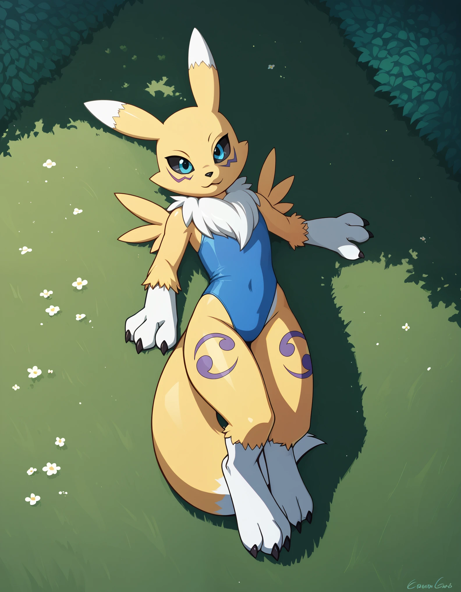 score_9, score_8_up, score_7_up, source_anime, rating_safe, creamgag, BREAK 1girl, solo, renamon, digimon, furry, yellow and white fur, lying on back, outdoor, grassfield, bush, sunlight 