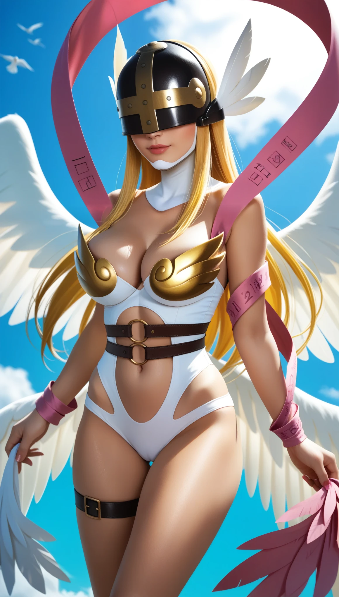 score_9, score_8_up, score_7_up, score_6_up, uncensored, digimon_\(creature\), angewomon, blonde hair, angel_wings, feathered_wings, winged_helmet, helmet, BREAK (masterpiece:1.2), best quality, high resolution,(detailed eyes:1.3), perfect lighting,(perfect hands, perfect anatomy), large breasts, asymmetrical_clothes, navel, multiple_wings, belt, cleavage, thigh_strap, bare_shoulders, flying, clouds, birds