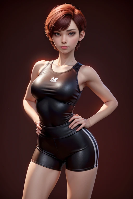  Slender young woman ,  deep red short hair , brown eyes, confident, decided, firm stance, confident expression,  dressed in gym clothes, sports shoes, athlete, dedicated instructor ,  masterpiece , super detail,  lyrics,  plain white background , without patterns, No textures.