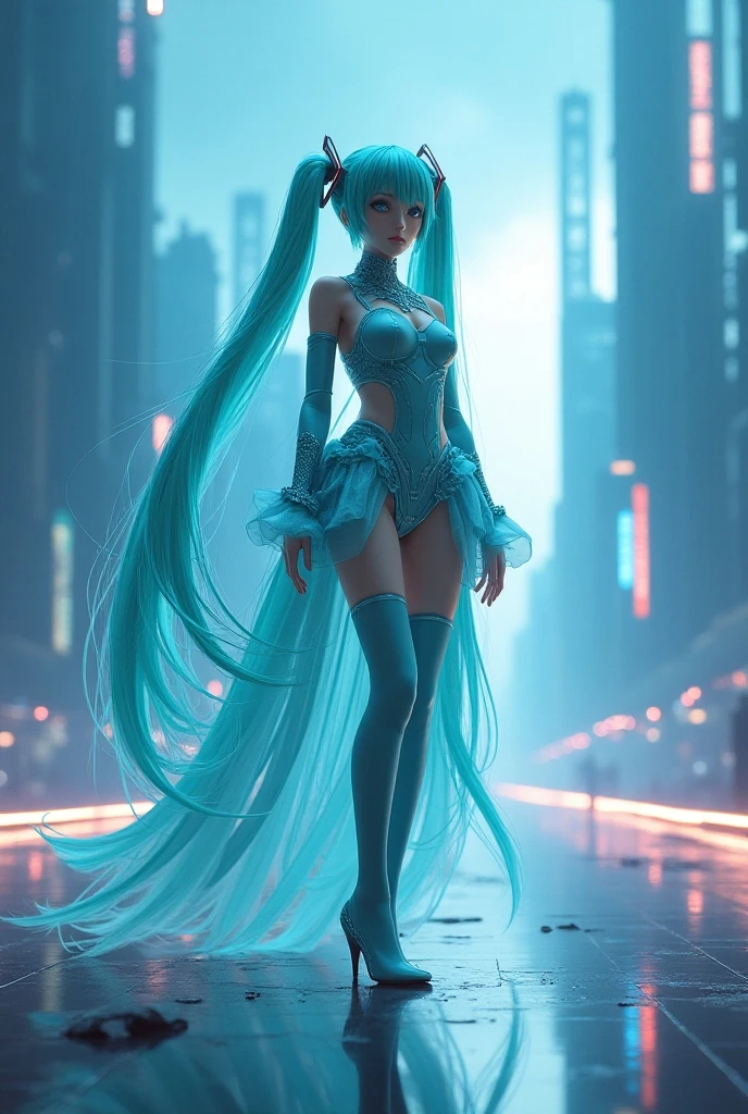 (The best quality,A high resolution,Ultra - detailed,actual), Miku Hatsune dynamic pose , ,(Ruined alley Tokyo cyberpunk dungeon ruins background :1.4 ),(Cyberpunk ruined dungeon ruins background :1.4 ), shiny skin, a slight smile, Racing Miku,(White transparent plastic cyborg BodySuit :1.4) , two tone gloves, thigh high boots,,(Rain cloudy ruined dungeon ruins background :1.4 ),(masterpiece: 1.4), (8K UHD , realist, raw photo, The best quality: 1.4),(Miku Hatsune:1.4), (Miku Hatsune V2.1),(beautiful fingers detailed :1.4) ,( dynamic pose), (Perfect anatomy:1.4 ), (detailed face :1.4), , (cosplay hatsune miku),( not mutations), (bright colors), (transparent white plastic cyborg mechanic :1.4) ,( cyberpunk 2.1),( no text), (not mutations), (rear view, backside view),