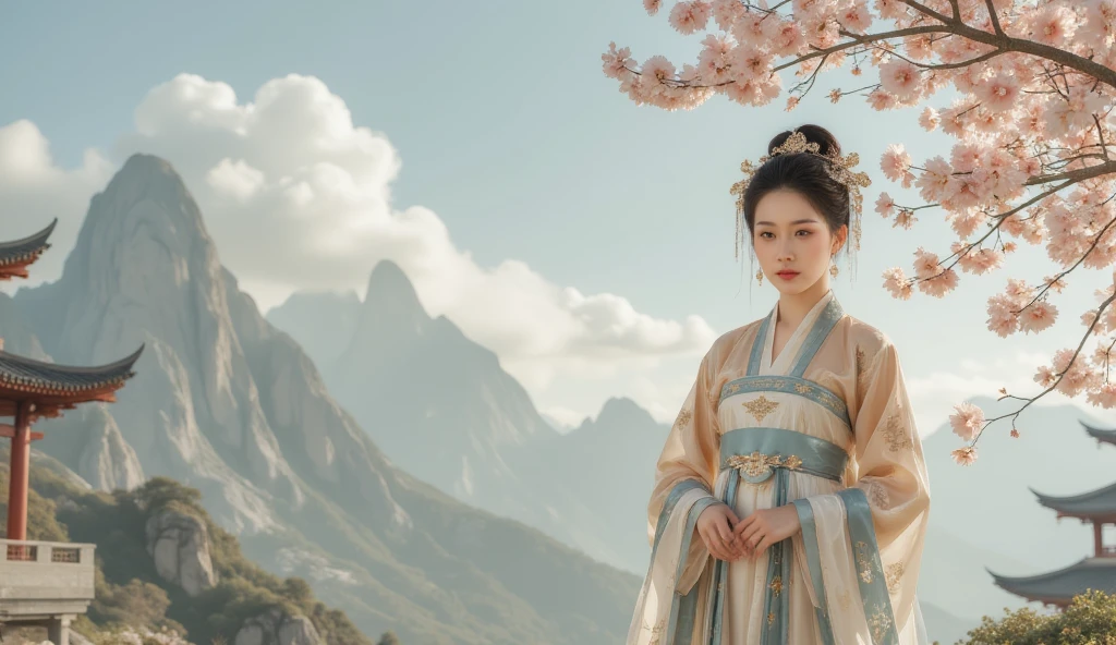 ,whole body，Imagine， White clouds and mountains in the distance  、Tower and many people，Pink flowers， Cherry Blossom Tree ，Hanfu woman,Phoenix Coronet、 Exquisite embroidery 、Wearing Hanfu pantyhose、Hanfu、Wear long-sleeved Hanfu、Transparent and clear、Look and、、Raw,(8K、 high quality 、masterpiece:1.8)、( Complex Details :1.8)、(Reality:1.8)、   Octagonal Rendering   、 Complex 3D Rendering with Ultra Details, studio soft light, Side Light, vivid detailss, Super Details ,   Real Skin Textures  , details,   beautiful eyes, Highly detailsed CG Unity 16k wallpaper, cosmetic, (    Detailed Background    :2.0),   clear fingers  ，  Beautiful Fingers  ，Radiant Skin、 Spread your legs ， Reveals Your Thighs !!!、