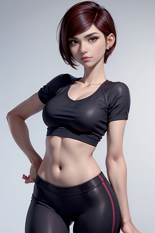  Slender young woman ,  deep red short hair , brown eyes, confident, decided, firm stance, confident expression,  dressed in gym clothes, sports shoes, athlete, dedicated instructor ,  masterpiece , super detail,  lyrics,  plain white background , without patterns, No textures.