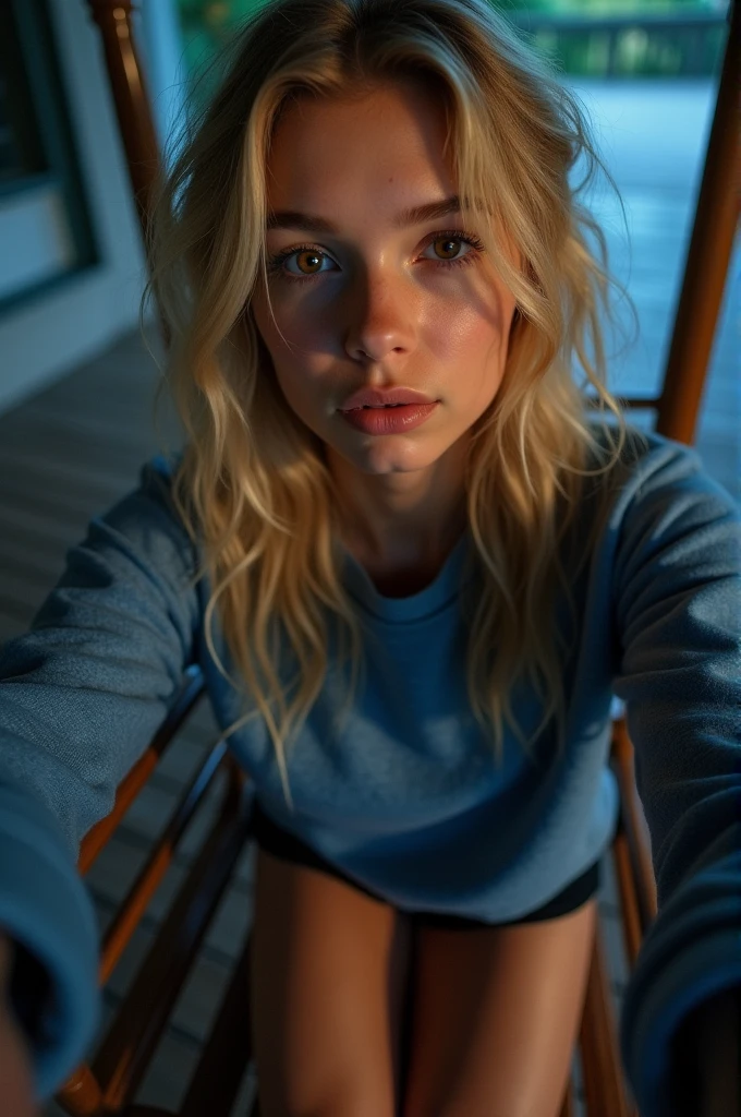 create 15 year old girl, nordic, super Straight hair average looking blonde, blue eyes, looking directly into camera, upper body selfie, wearing casual clothes, side view, at home, night