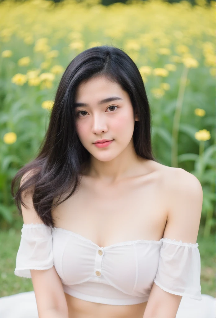 film, soft, photography, atmosphere, Selfie,Portrait, Thai Women,So cute,((smile)), happy ,Age 25 years,Bangs,Off-the-Shoulder Blouse,Mini skirt,Sitting on a field of pale yellow flowers,natural light, morning light ,cute girl ,bokeh background ,bokeh light , perfect body, slender , ((full body))