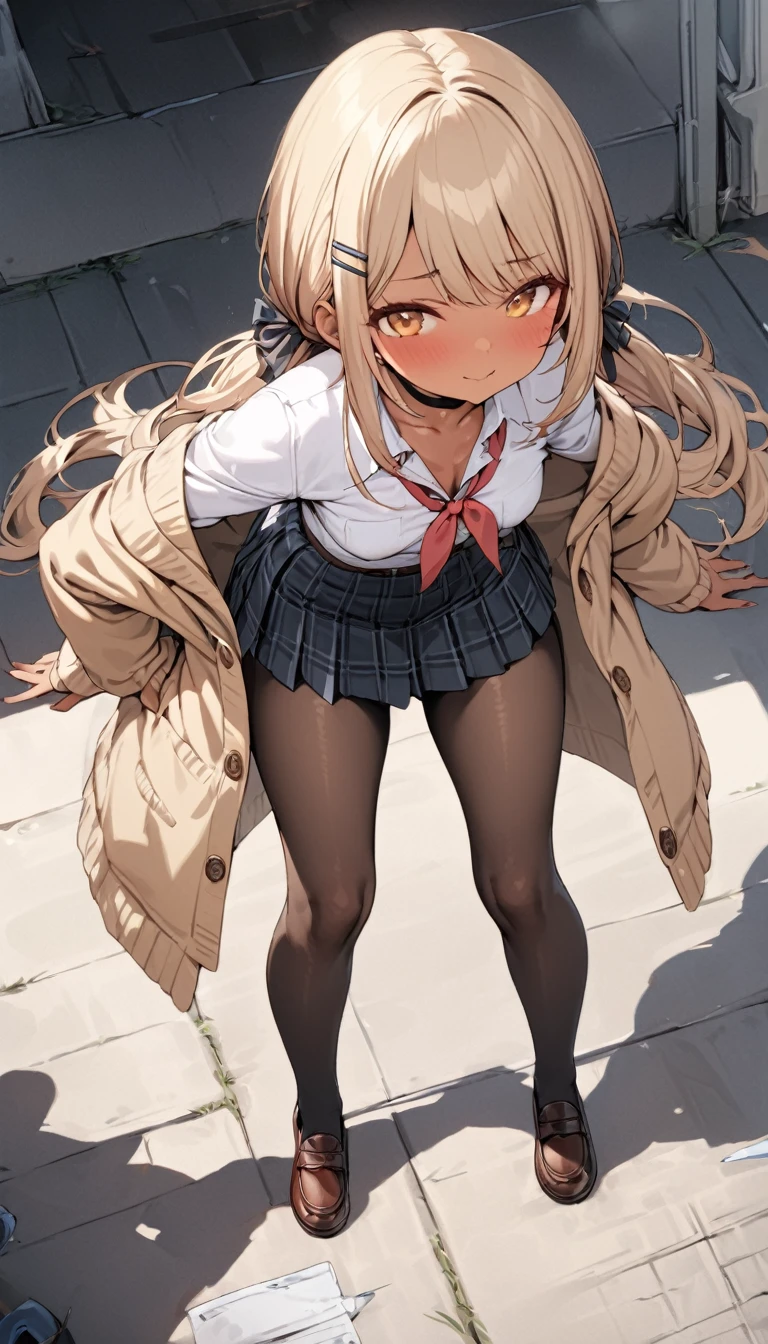  score_9,  score_8_up,  score_7_up, Best Quality ,masterpiece, 4K, (masterpiece),( best quality),(Super detailed),(  best illustration),( best shadow ),(Absurd),( detailed face),(  very aesthetic),  1 girl,small breast, school uniform,gray and black plaid skirt,black pantyhose, black footwear,brown loafers, cream cardigan ,Moe sleeves, improve, ((((dark skin)))), long hair, low twintail, hair ribbon, hairclip, choker,  standing,full body,